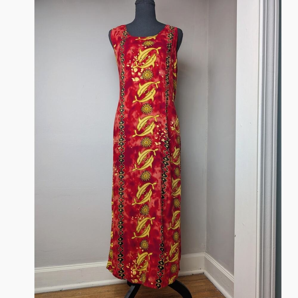 Y2K Tropical Dolphin Print Maxi Dress Large Flowy Vintage Animals Summer Resort